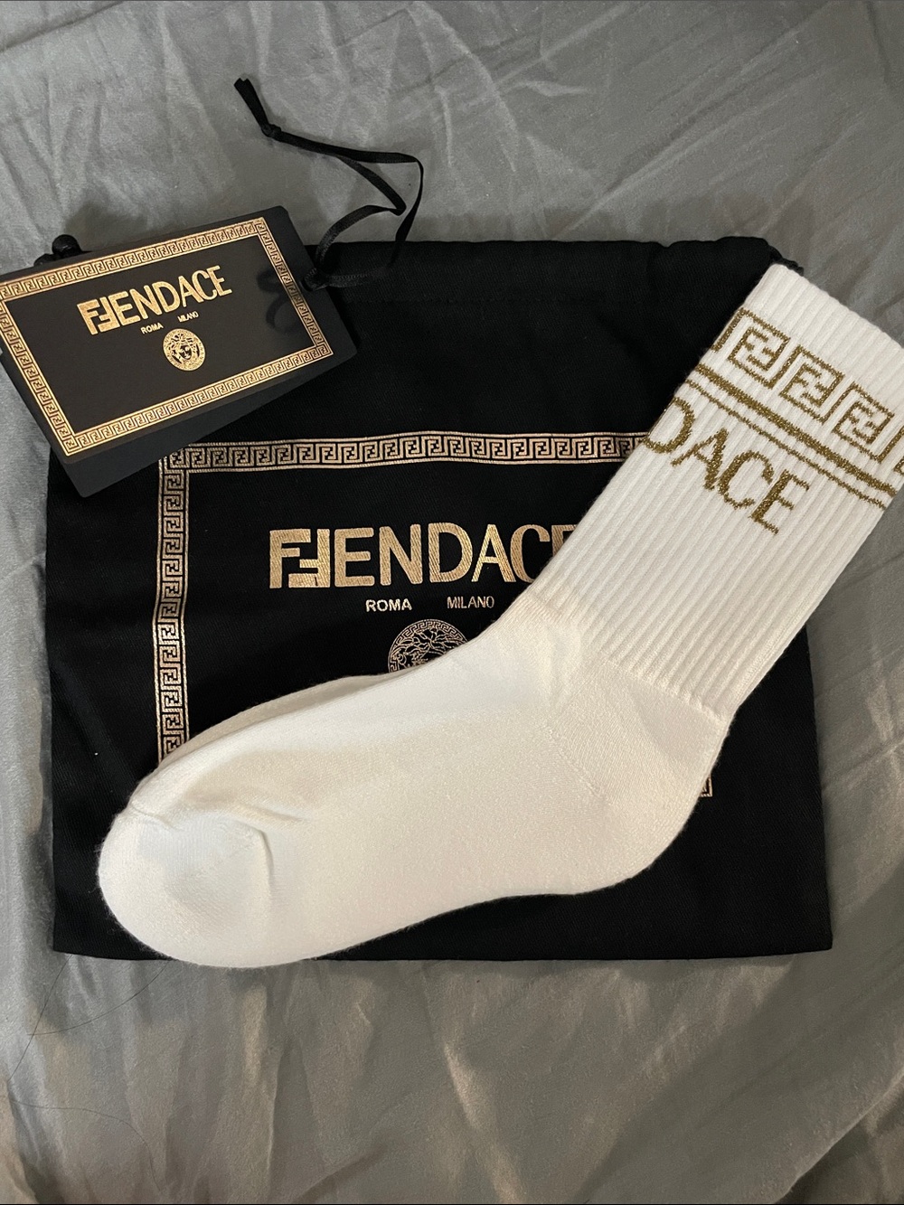 Fendi x Versace White Crew Socks with Gold Logo Trim